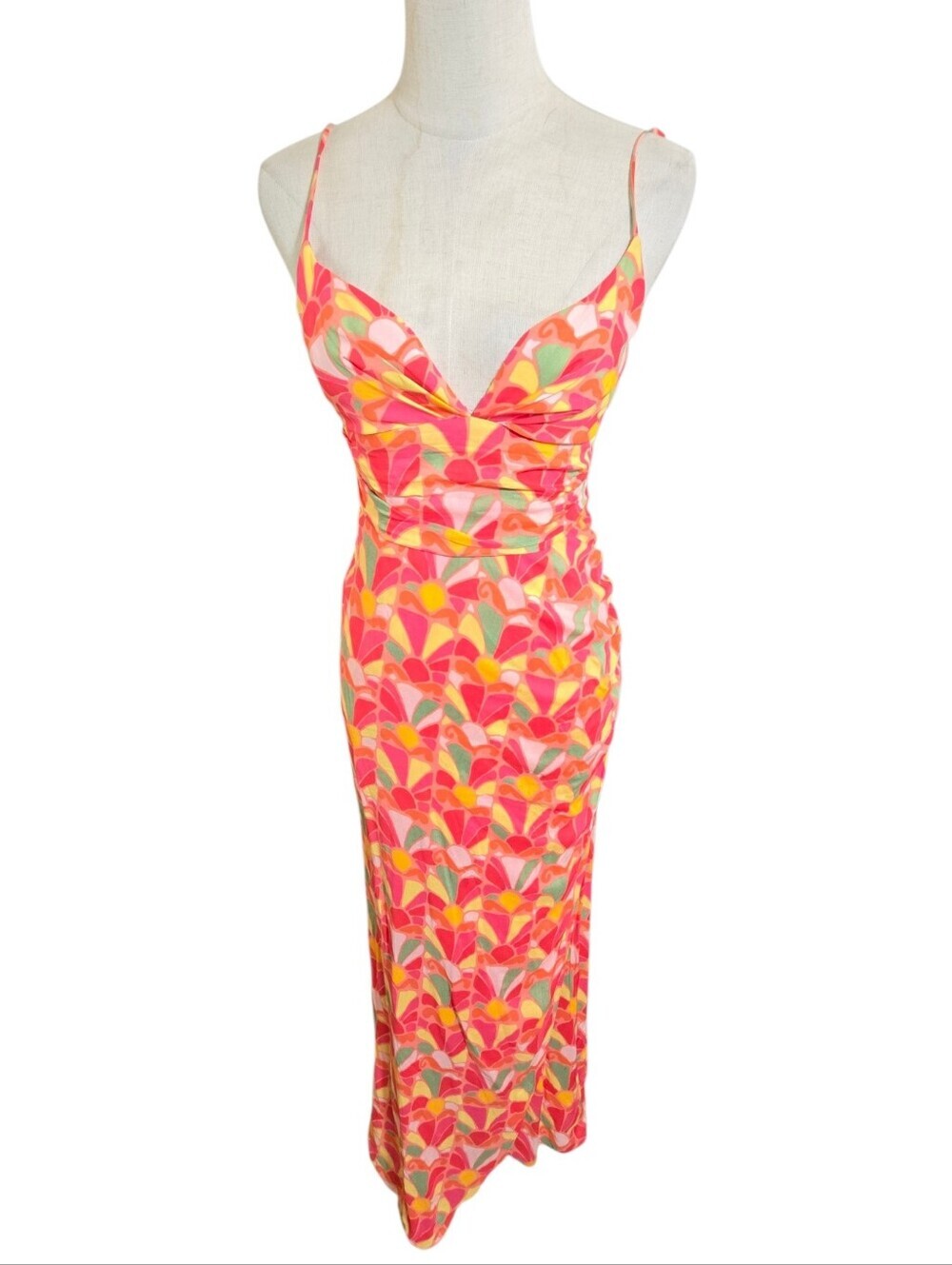 Zara Pink, Yellow & Coral Printed Spaghetti-Strap Maxi Dress